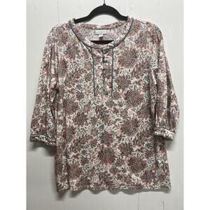 J Jill Women's Petite Top Size Medium Peach Cream Leaves Print 3/4 Sleeves